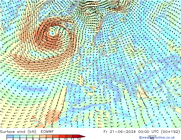 Surface wind (bft) ECMWF Pá 21.06.2024 00 UTC