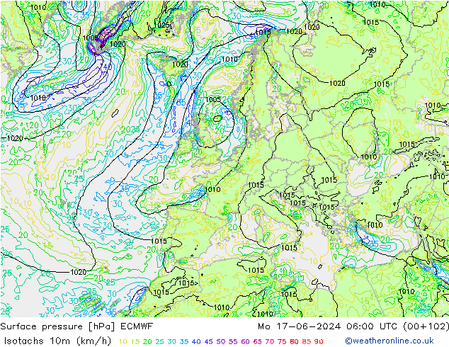 Isotachs (kph) ECMWF Mo 17.06.2024 06 UTC