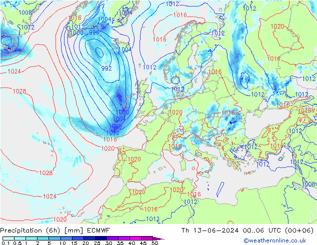 Z500/Rain (+SLP)/Z850 ECMWF Th 13.06.2024 06 UTC