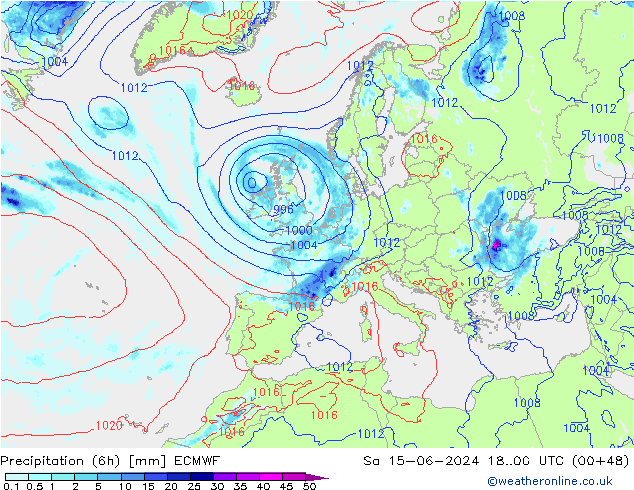 Precipitation (6h) ECMWF Sa 15.06.2024 00 UTC