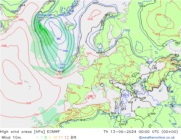 High wind areas ECMWF чт 13.06.2024 00 UTC