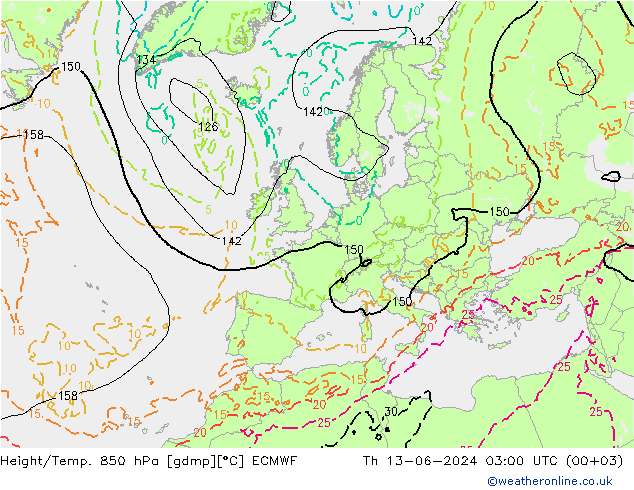 Height/Temp. 850 hPa ECMWF czw. 13.06.2024 03 UTC