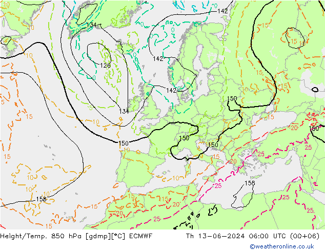 Geop./Temp. 850 hPa ECMWF jue 13.06.2024 06 UTC