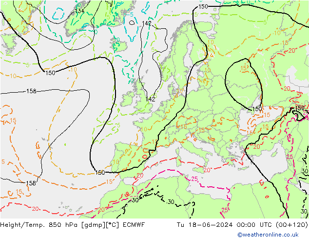 Height/Temp. 850 hPa ECMWF Út 18.06.2024 00 UTC