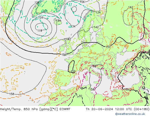 Height/Temp. 850 hPa ECMWF Qui 20.06.2024 12 UTC