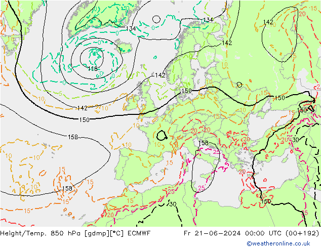 Hoogte/Temp. 850 hPa ECMWF vr 21.06.2024 00 UTC