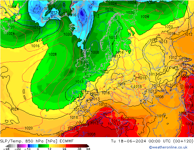 SLP/Temp. 850 hPa ECMWF Tu 18.06.2024 00 UTC