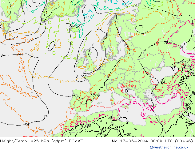 Height/Temp. 925 hPa ECMWF pon. 17.06.2024 00 UTC