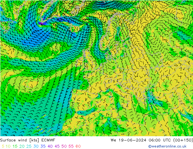 wiatr 10 m ECMWF śro. 19.06.2024 06 UTC