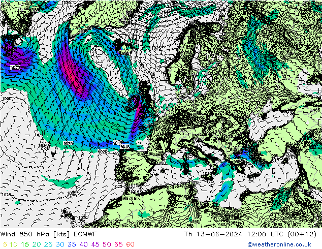 Wind 850 hPa ECMWF Th 13.06.2024 12 UTC