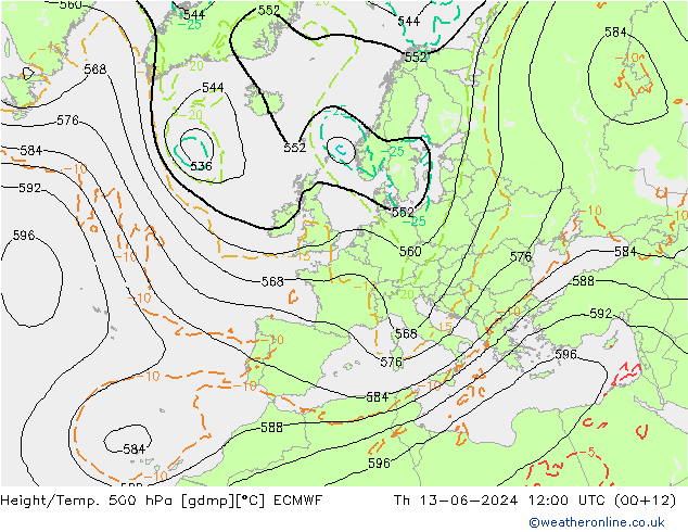 Z500/Rain (+SLP)/Z850 ECMWF gio 13.06.2024 12 UTC