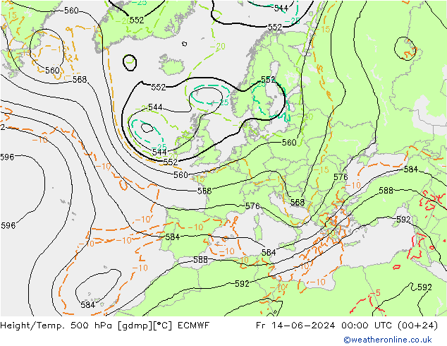 Z500/Rain (+SLP)/Z850 ECMWF ven 14.06.2024 00 UTC