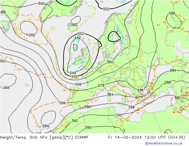 Z500/Rain (+SLP)/Z850 ECMWF Fr 14.06.2024 12 UTC