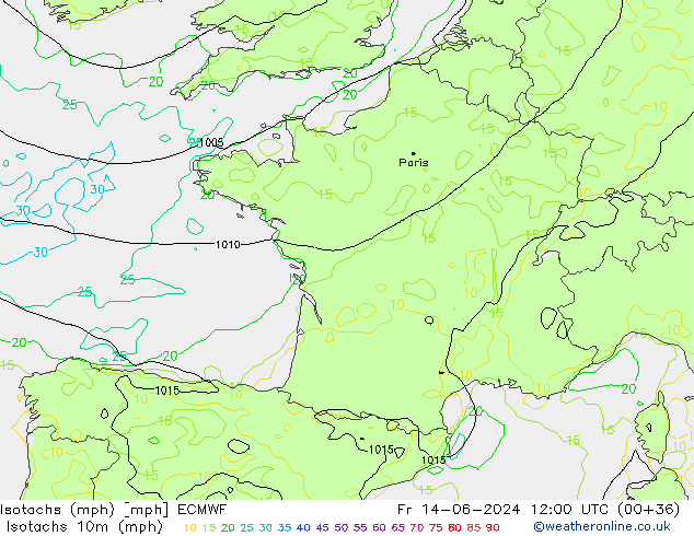 Isotachs (mph) ECMWF Fr 14.06.2024 12 UTC