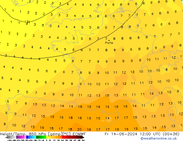 Height/Temp. 850 hPa ECMWF Fr 14.06.2024 12 UTC