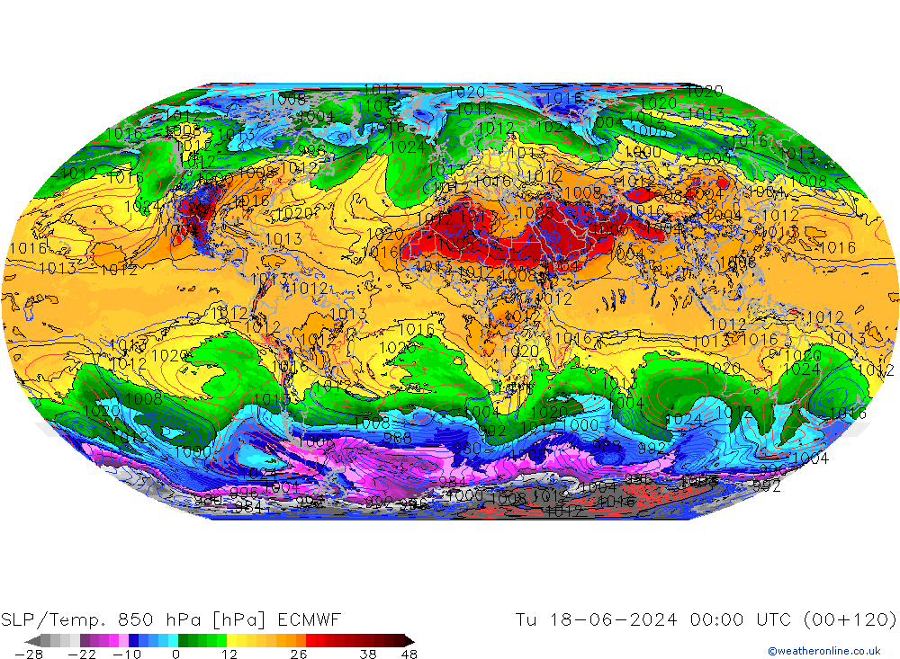 SLP/Temp. 850 hPa ECMWF Tu 18.06.2024 00 UTC