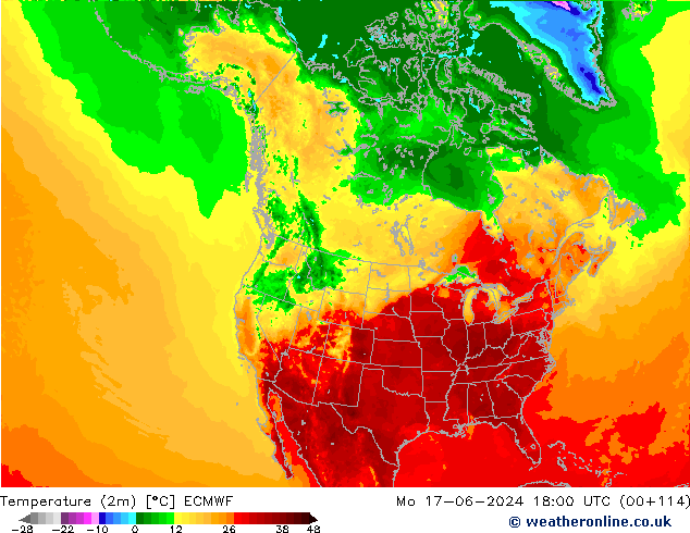 mapa temperatury (2m) ECMWF pon. 17.06.2024 18 UTC