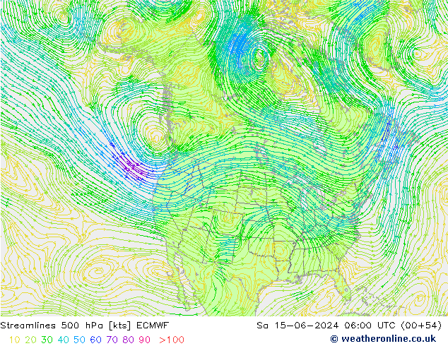 Linea di flusso 500 hPa ECMWF sab 15.06.2024 06 UTC