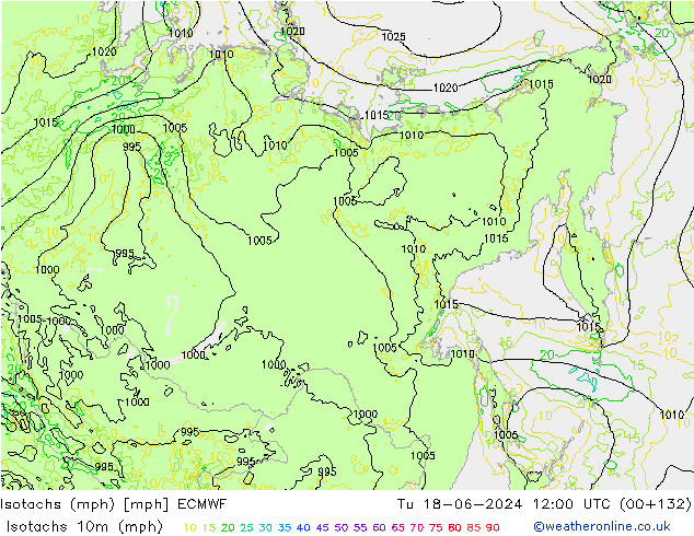 Izotacha (mph) ECMWF wto. 18.06.2024 12 UTC
