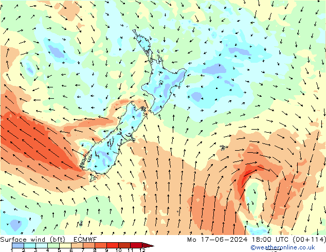 Vento 10 m (bft) ECMWF lun 17.06.2024 18 UTC