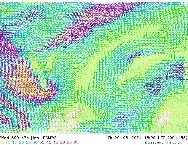 Vento 500 hPa ECMWF gio 20.06.2024 18 UTC