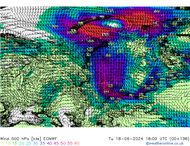 Wind 500 hPa ECMWF Di 18.06.2024 18 UTC