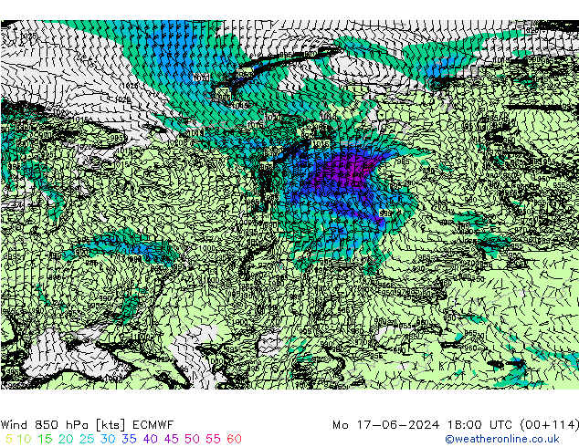 Wind 850 hPa ECMWF Po 17.06.2024 18 UTC