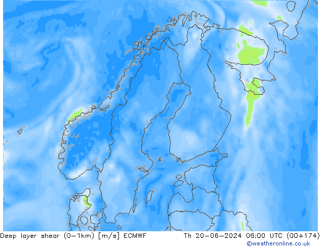 Deep layer shear (0-1km) ECMWF do 20.06.2024 06 UTC