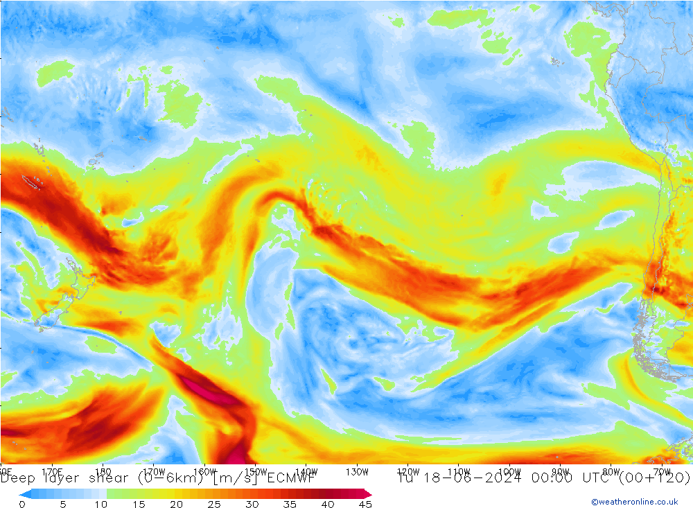 Deep layer shear (0-6km) ECMWF вт 18.06.2024 00 UTC