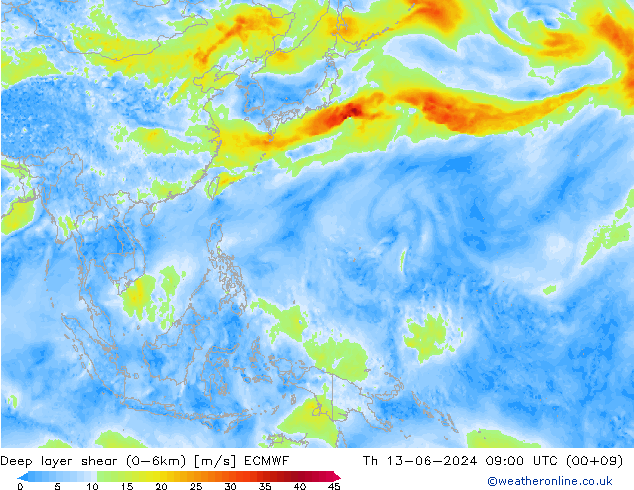 Deep layer shear (0-6km) ECMWF do 13.06.2024 09 UTC