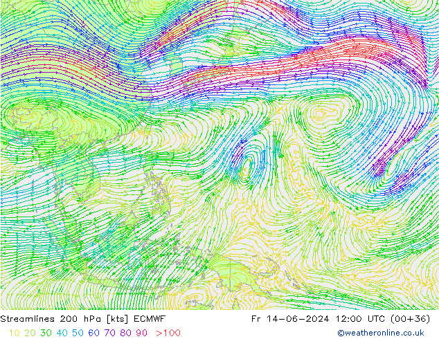Streamlines 200 hPa ECMWF Fr 14.06.2024 12 UTC