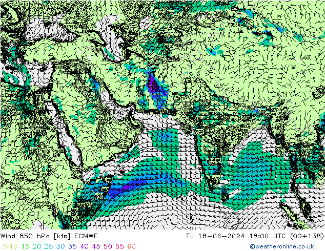 Wind 850 hPa ECMWF Út 18.06.2024 18 UTC