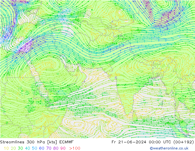 Línea de corriente 300 hPa ECMWF vie 21.06.2024 00 UTC