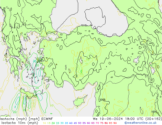 Isotachs (mph) ECMWF ср 19.06.2024 18 UTC