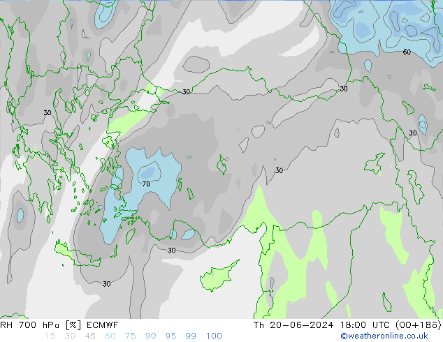 RH 700 hPa ECMWF Qui 20.06.2024 18 UTC