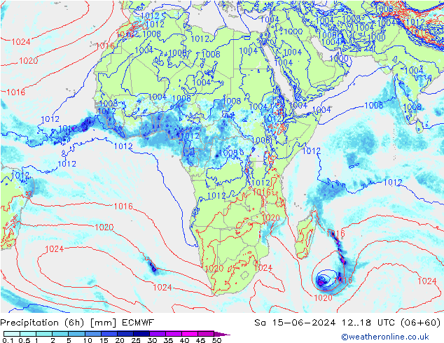 Totale neerslag (6h) ECMWF za 15.06.2024 18 UTC