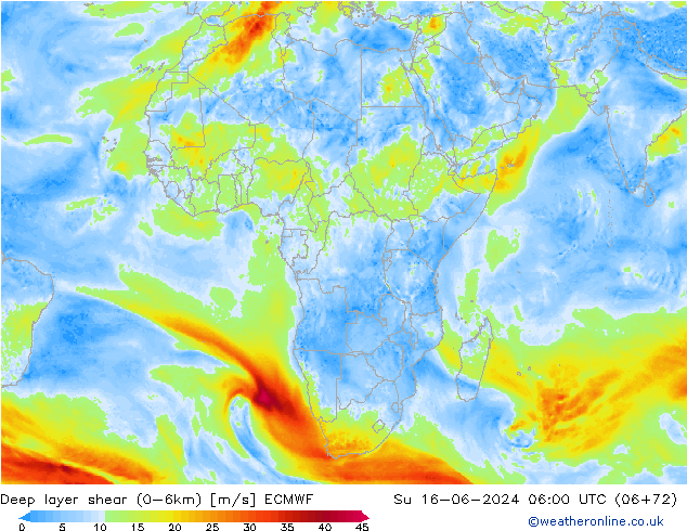 Deep layer shear (0-6km) ECMWF nie. 16.06.2024 06 UTC