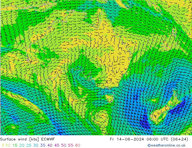 Vento 10 m ECMWF ven 14.06.2024 06 UTC