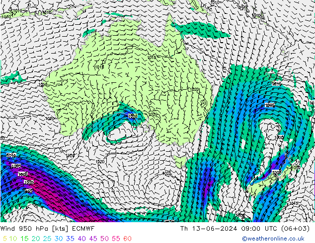 Wind 950 hPa ECMWF do 13.06.2024 09 UTC