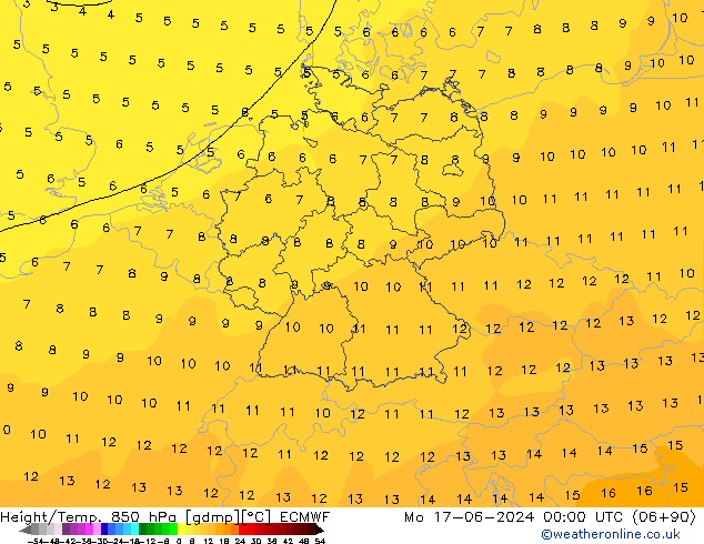 Height/Temp. 850 hPa ECMWF pon. 17.06.2024 00 UTC