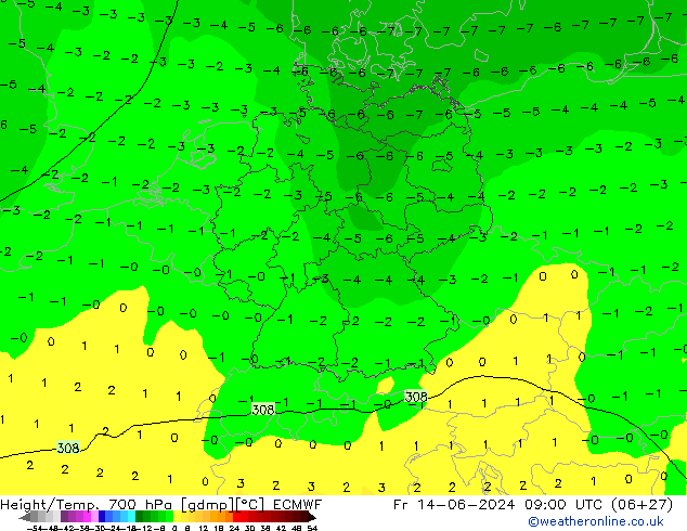 Height/Temp. 700 hPa ECMWF Fr 14.06.2024 09 UTC