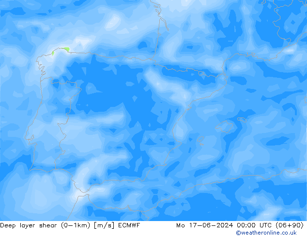 Deep layer shear (0-1km) ECMWF lun 17.06.2024 00 UTC