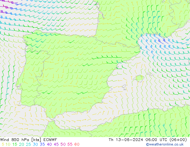 Vento 850 hPa ECMWF Qui 13.06.2024 06 UTC