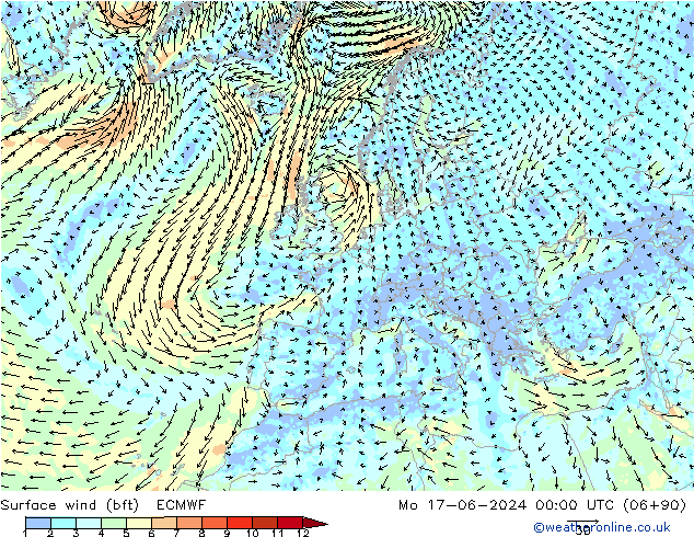 Surface wind (bft) ECMWF Mo 17.06.2024 00 UTC