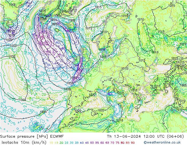 Isotaca (kph) ECMWF jue 13.06.2024 12 UTC