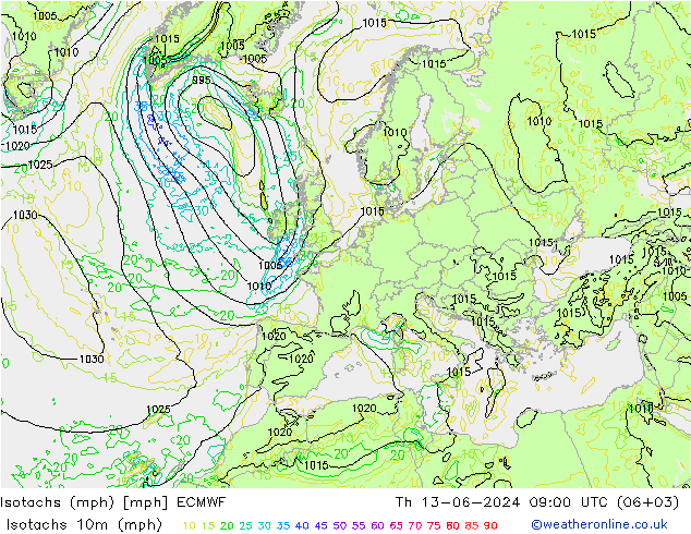 Izotacha (mph) ECMWF czw. 13.06.2024 09 UTC