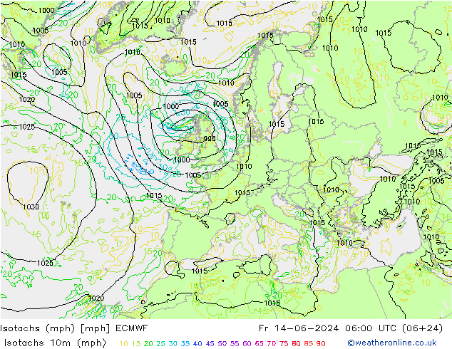 Isotachen (mph) ECMWF Fr 14.06.2024 06 UTC