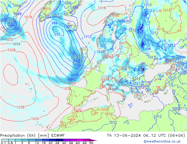 Z500/Rain (+SLP)/Z850 ECMWF Čt 13.06.2024 12 UTC