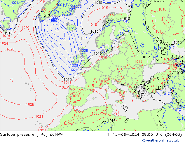Presión superficial ECMWF jue 13.06.2024 09 UTC
