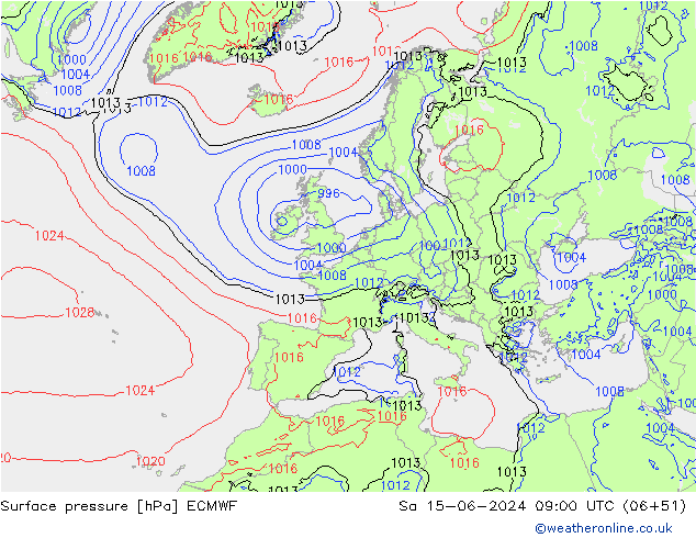 Bodendruck ECMWF Sa 15.06.2024 09 UTC